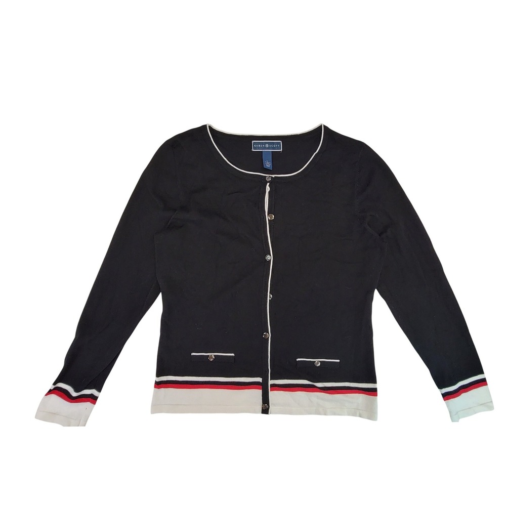 Karen Scott Black White Red Trim Cardigan Sweater Womens Size L